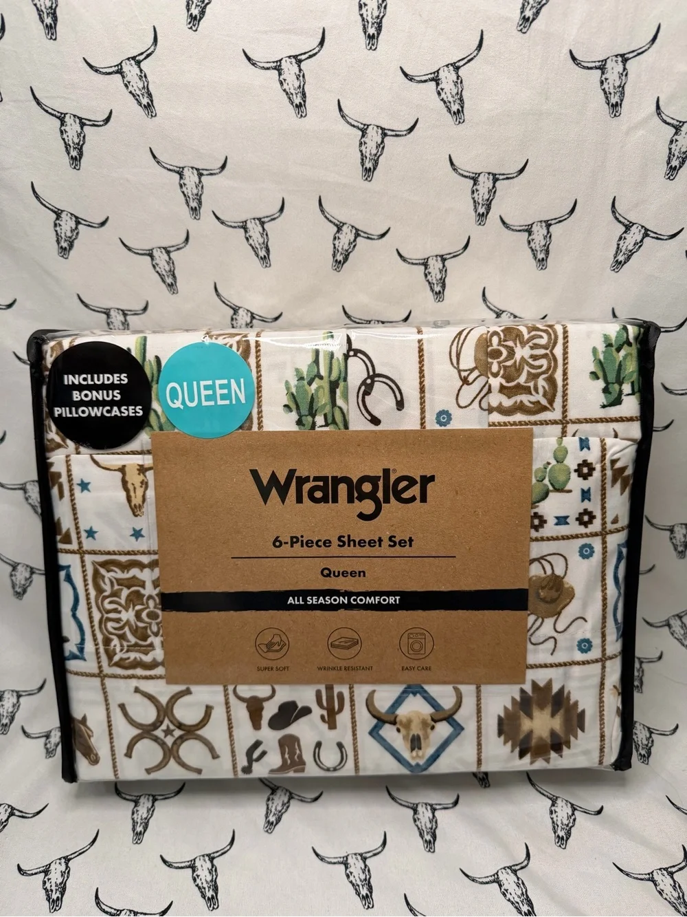 Wrangler Queen Sheet Set in Cream, Brown & Green with Blue Accents